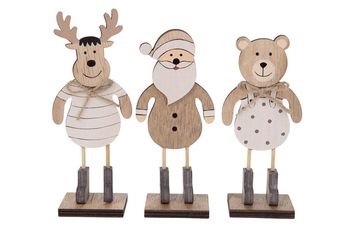 Bear / deer / santa on foot wood 6x4x13.5cm 3 assorted Multi