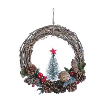 Wreath Pinecone Red Star Rattan Ø30 H8cm Natural/Red
