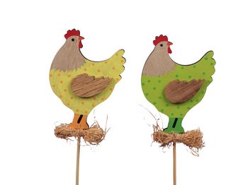 pb. 10 wooden roosters/stick 2 ass. yellow/green 5x7 cm
