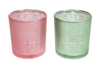 Tealight holder glass 7.3x7.3x8cm 1pc Pink/Green mixed