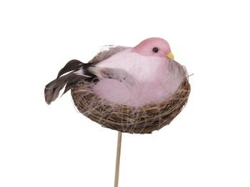 pb. 4 nests w/birdleggs (2)/stick pink Ø 8 cm