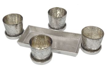 Aluminium plateau met 4 theelichthouders 52x36x12cm Zilver