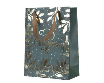 Giftbag papier met handvat groen/goud 26x10x32cm