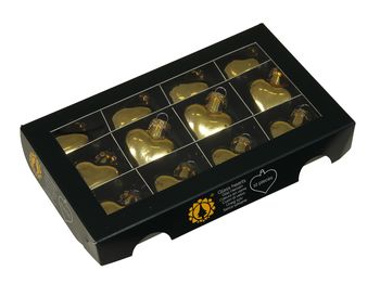 w/b. 12 glass hearts/cap bright gold shiny 40 mm