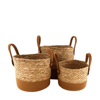 Basket grass with handle 28x28x35cm S/3 Brown/Natural