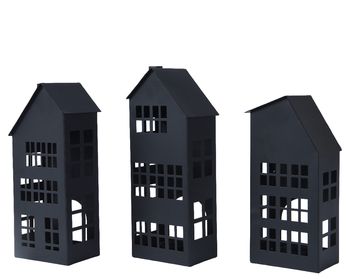 Theelichthouder huis ijzer zwart 10,5x8x25cm 3 assortie