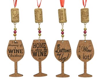 Wine glass cork text hanger 4 assorted brown W4.60 H18 cm