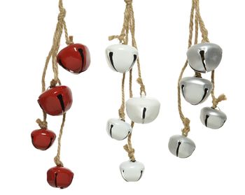 Bundel ijzeren bellen 3 assortie D3,5 H24cm zilver/rood/wit