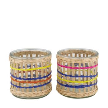 Tealight holder with rattan glass 12x12x12cm 2 assorted colo