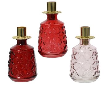 Flaschenglas mit Kerzenständer 3 sortiert rot/rosa D7,5 H13cm