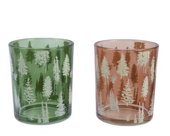 Teelichthalter Glas ''Bäume'' 2 Farben sortiert D7 H8,3cm