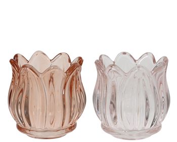 Teelichthalter Glas ''Blume'' 2 sortiert rosa H7 D7cm