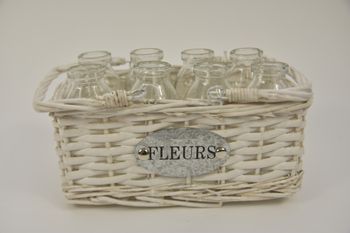 Mand wit riet ''fleurs'' met hengsel en 8 fles 23x14x12/19cm