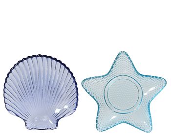 Glazen bord Schelp/Zeester assortie blauw D14 H2cm