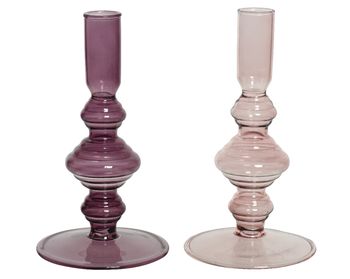 Kandelaar glas 2 kleuren assortie ''lila'' H16 D8,5cm