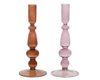 Kandelaar glas 2 kleuren assortie ''roze'' H20 D8,5cm