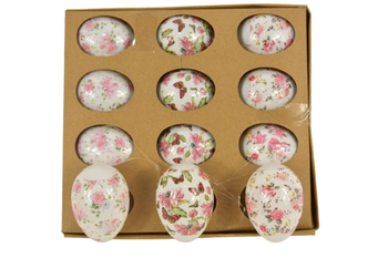 SET/12 HANING EGGS 6CM FLOWERS PINK/WHITE