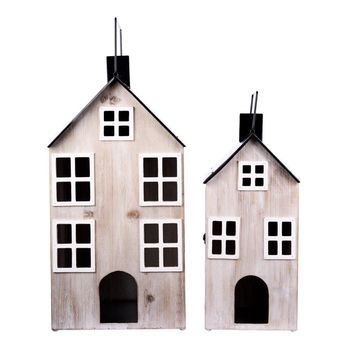 SET 2 LANTAARNS HOUTEN HUIZEN 34x33x66CM