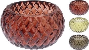 THEELICHTHOUDER GLAS DIAMAND PATROON D7,5 H4,4CM 3 ASSORTIE