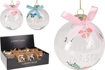 KERSTBAL GLAS BABY TEKST D8 CM 2 ASSORTIE KLEUR
