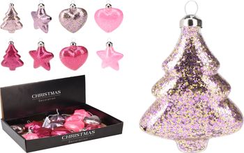 ORNAMENT GLAS 8X3X8CM 12 ASSORTIE DESIGN PINK PARTY COLOURS