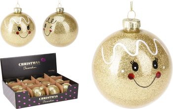 KERSTBAL GLAS D8 CM GEZICHT GOUD 2 ASSORTIE DESIGN