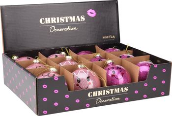 KERSTBAL GLAS D8 CM GEZICHT ROZE FUCHSIA 4 ASSORTIE