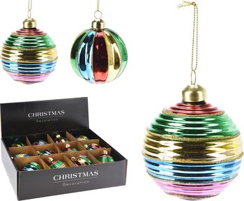 KERSTBAL GLAS D8 CM MULTIKLEUR STREEP 2 ASSORTIE
