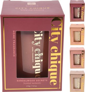 GEURKAARS IN GLAS CITY CHIQUE D8 H10CM 4 ASSORTIE KLEUR/GEUR