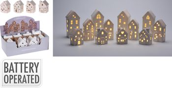 HUIS MET LED PORSELEIN WIT 6X6X9CM 4 ASSORTIE INCL. 2X LR44 BATTERIJ