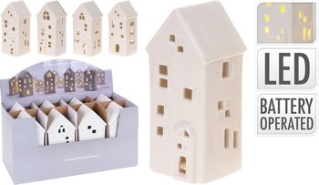 HUIS MET LED PORSELEIN WIT 7,5X6,5X16CM 4 ASSORTIE INCL. 2X LR44