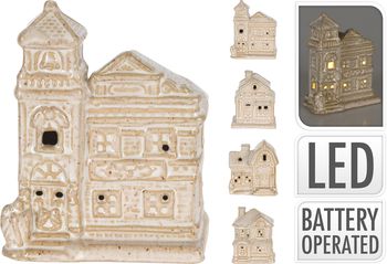 HUIS MET LED PORSELEIN BEIGE 7,5X7CM 4 ASSORTIE INCL. 2X LR44