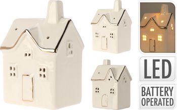 HUIS MET LED PORSELEIN WIT 8X6X12CM 4 ASSORTIE INCL. 3X LR44