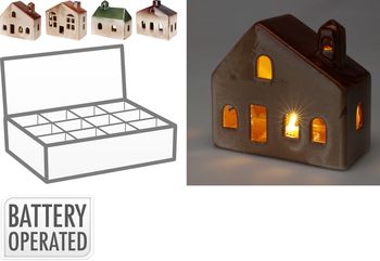 HUISJE KERAMIEK MET LED 13X6X12CM 4 ASSORTIE KLEUR INCL. 2X LR44 BATTERIJ