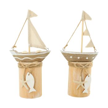 Boat pine wood on stand 11x6x22cm 2 assorti Natural/White