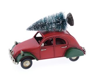 Metalen auto met kerstboom rood ''eend'' 16x6x10cm