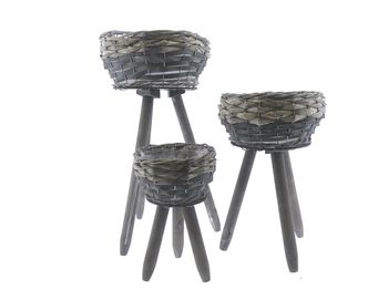 Set/3 Rieten manden op houten poten Grey-Wash Ø24x48cm