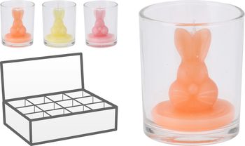 KERZE HASE IN GLAS D6 H8CM 3 SORTIERTE FARBE