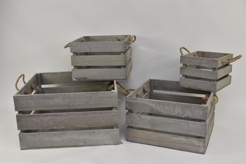 Set/4 houten kisten vierkant met jute oren 50x50x28cm grijs