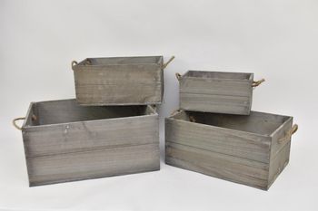 Set/4 houten kisten rechthoek met jute oren 53x40x24,5cm grijs
