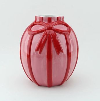 Aardewerk vaas strik roze/rood 17x17x18,5cm