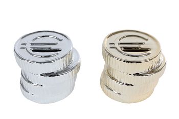 Spaarpot "Euromunt" zilver/goud 2 assortie aardewerk 9,5x9x8cm