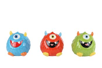 Spaarpot "Monster" blauw/rood/groen 3 assortie aardewerk 8x8x8cm