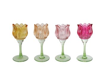 Theelichthouder "Tulip" S roze/fuchsia/geel/amber assorti glas 7x7x16cm