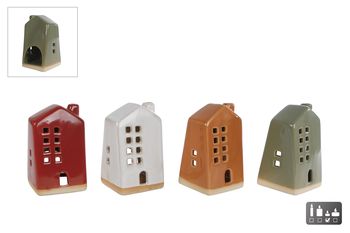 Theelichthouder "House" S gr/rd/br/iv 4 assortie aardewerk 6,4x6,1x10,5cm