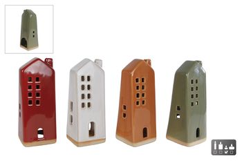 Theelichthouder "House" L g/rd/br/iv 4 assortie aardewerk 6,4x6,4x16,6cm