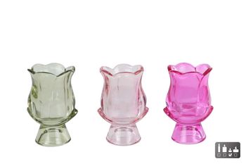 Theelichthouder "Elsie" groen/roze/fuchsia 3 assortie glas7x7x12cm