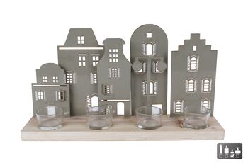 Theelichthouder "Straat" 4x offwhite metaal/hout 38x8,5x20cm