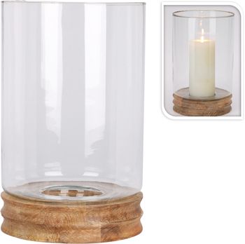 WINDLICHT D20 H33CM GLAS OP MANGOHOUTEN VOET