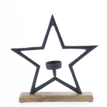Aluminium Tealight Star Black on Mangowood Base 19x17cm